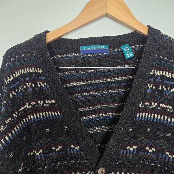 Vintage Claybrooke Cardigan Wool Fair Isle Ugly Sweater Size M Black Grandpacore - Picture 6 of 13